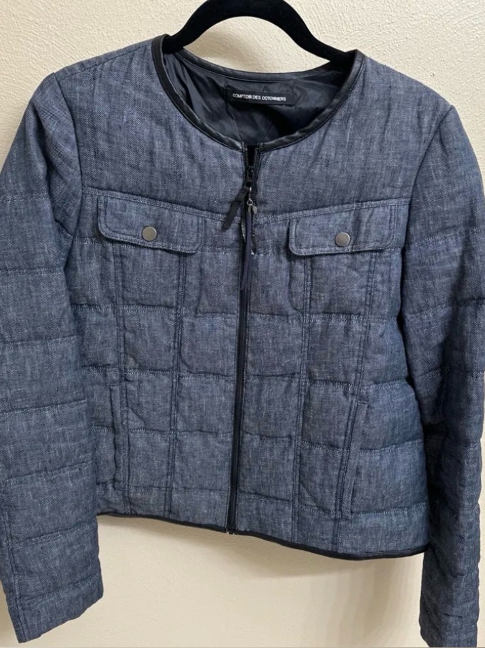 EUC Comptoir des Cotonniers Women's Quilted Chambray Jacket | Faux Leather Trim
